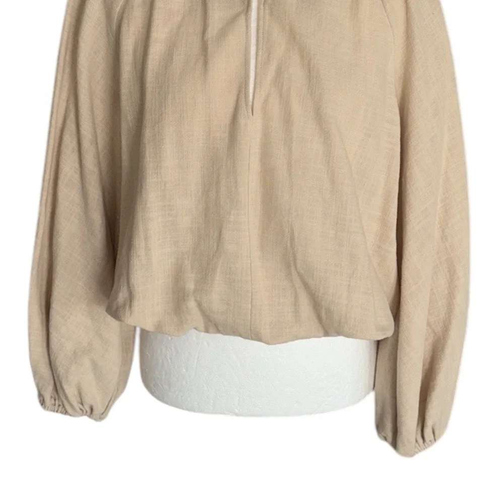 LN Zara Beige Shell Button Puff Sleeve Blouson Balloon Cropped Top Blouse - M